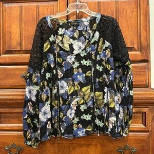 Jessica Simpson Tunic Floral with Lace Crochet Sleeve Detail Size L Large